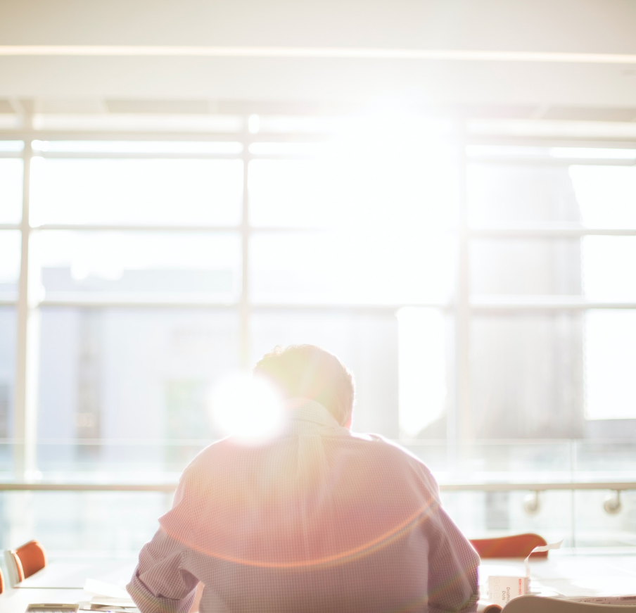 Lawyer looking out a bright window